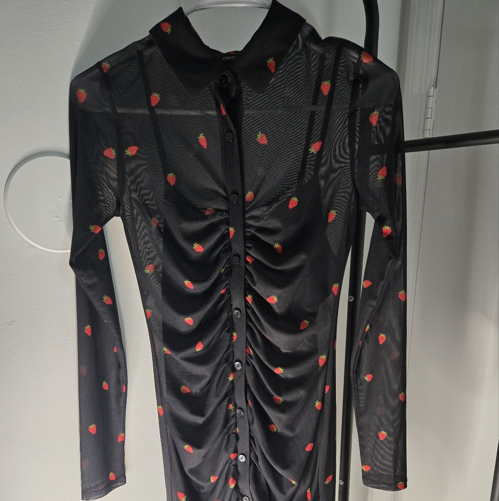 Forever 21 Black Dress with Red Strawberry Pattern